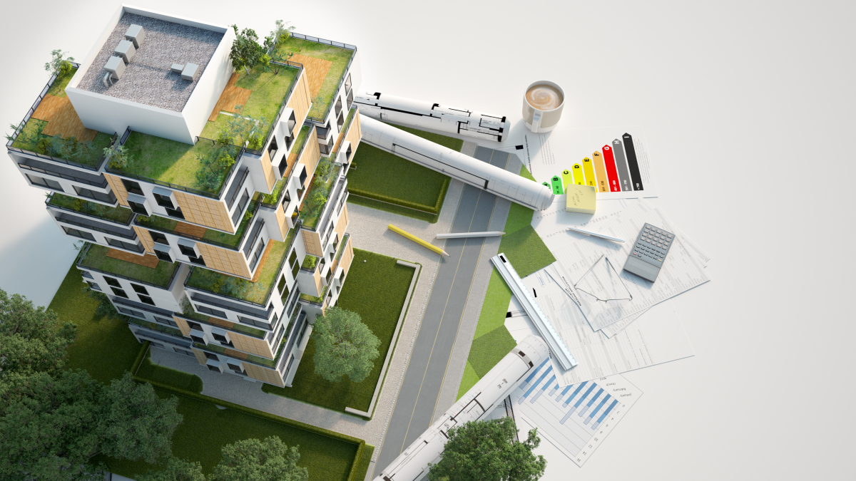 immobilier éco responsable – maquette de bâtiment durable avec plans