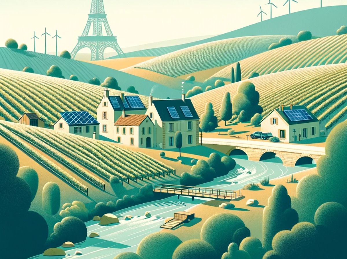 Construction Bas Carbone — représentation d’une France rurale écolo avec des maisons, des vignes, des panneaux solaires, des éoliennes et la tour Eiffel en fond